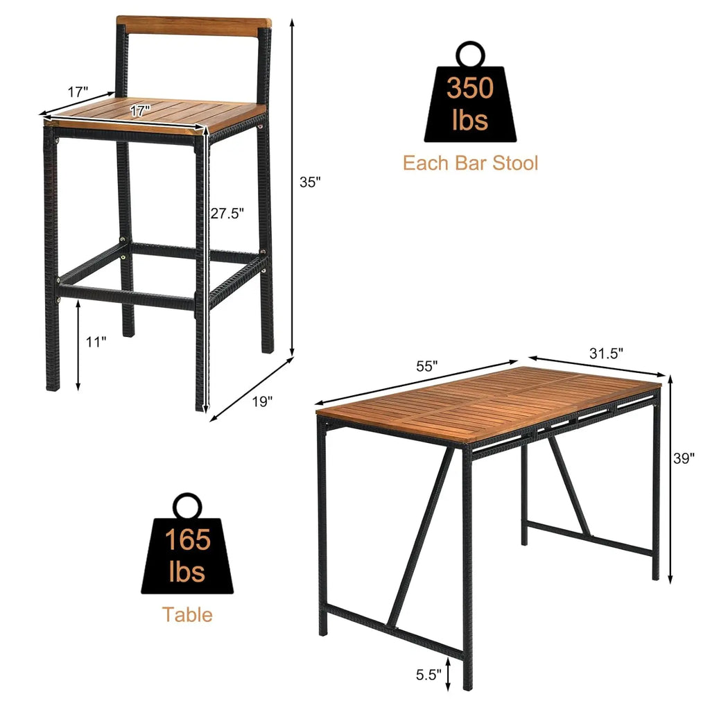 7-Piece Patio Bar Table Set with Umbrella Hole – Acacia Wood & PE Wicker High-Dining Bistro Set