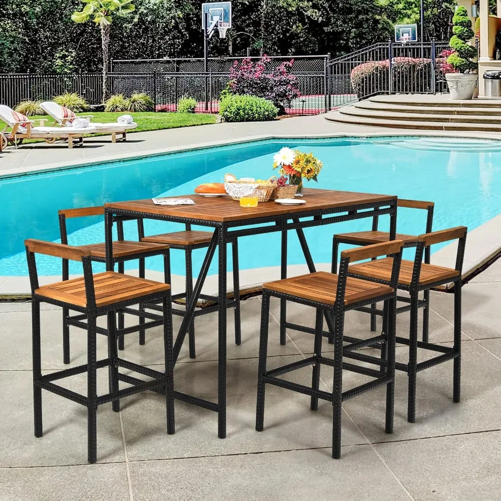 7-Piece Patio Bar Table Set with Umbrella Hole – Acacia Wood & PE Wicker High-Dining Bistro Set