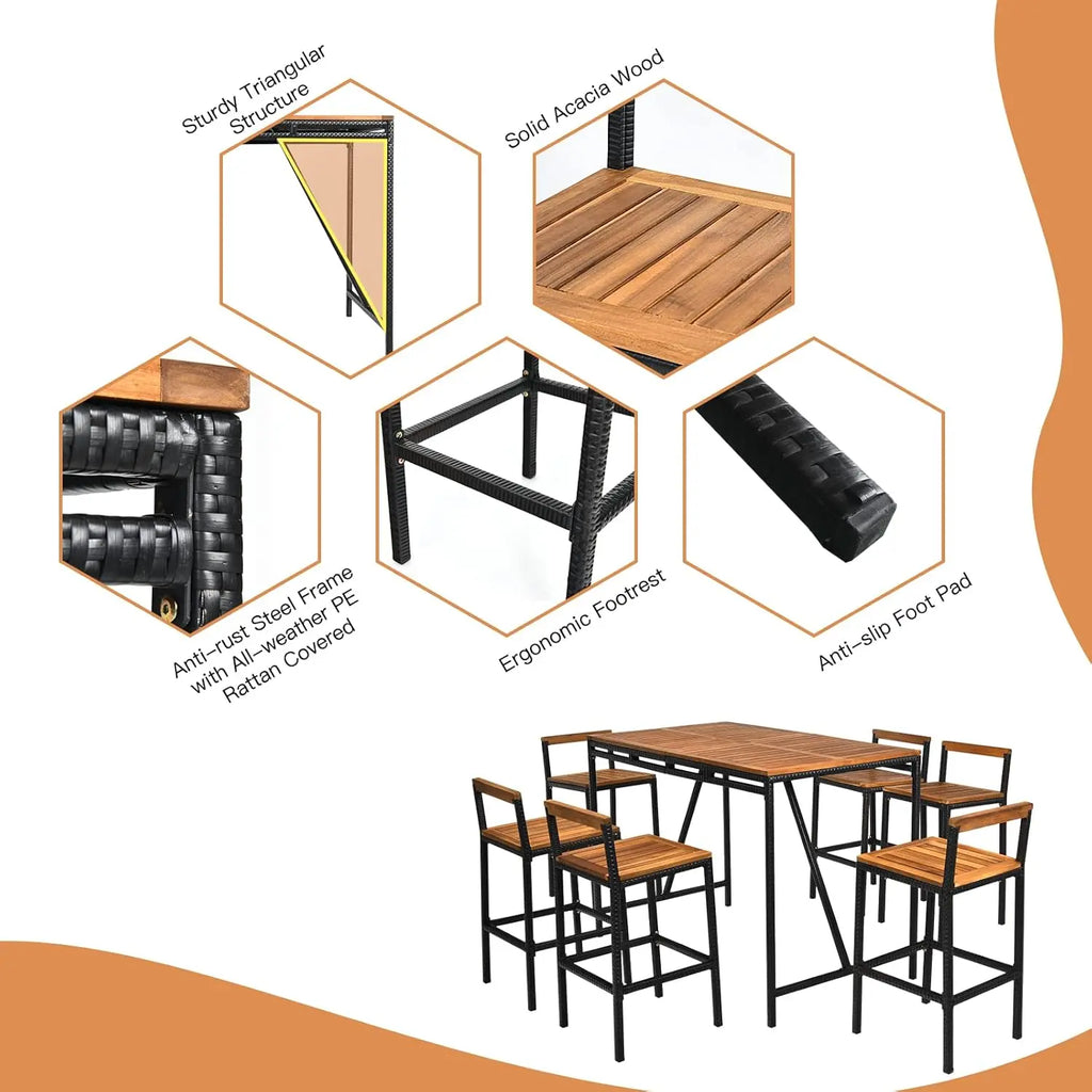 7-Piece Patio Bar Table Set with Umbrella Hole – Acacia Wood & PE Wicker High-Dining Bistro Set