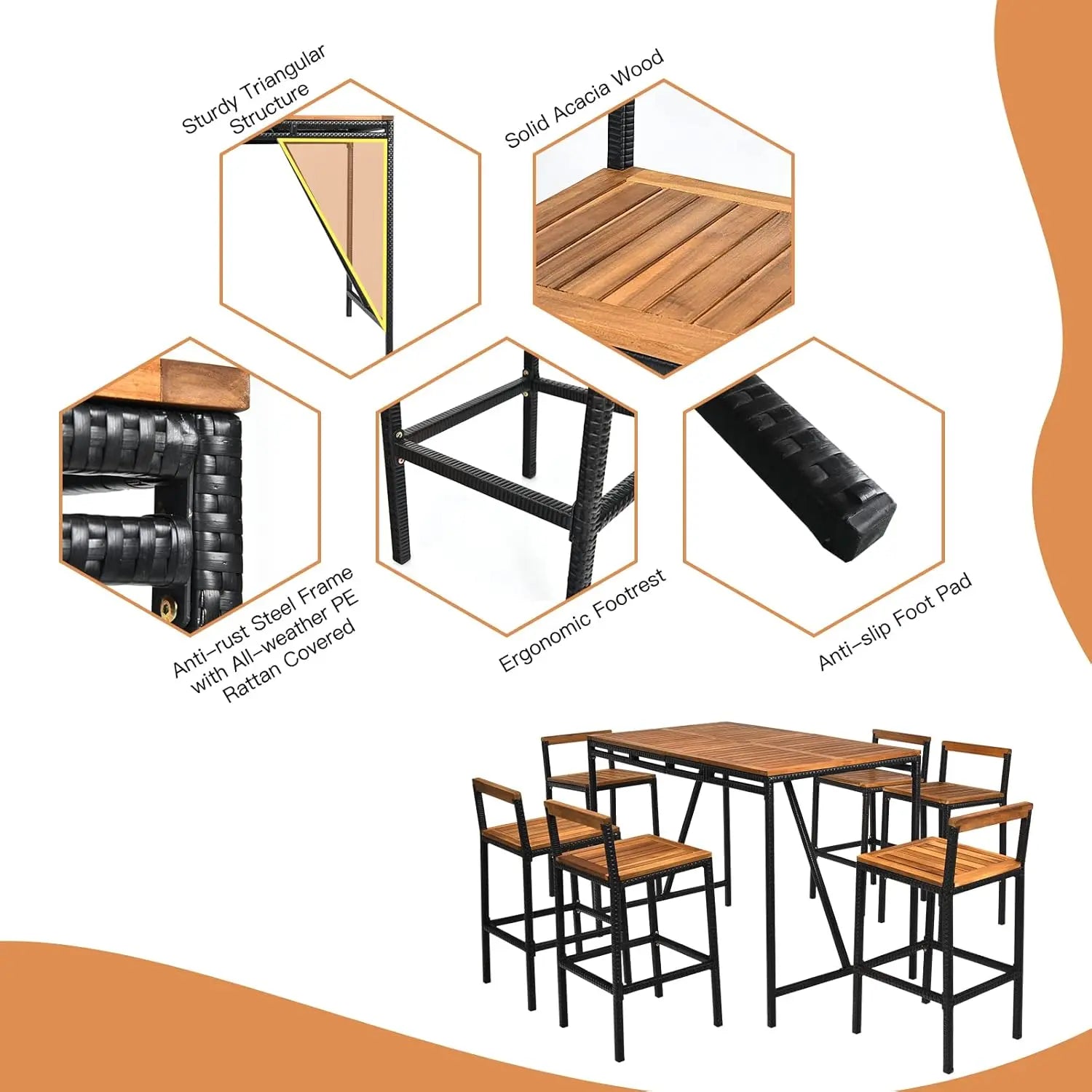 7-Piece Patio Bar Table Set with Umbrella Hole – Acacia Wood & PE Wicker High-Dining Bistro Set