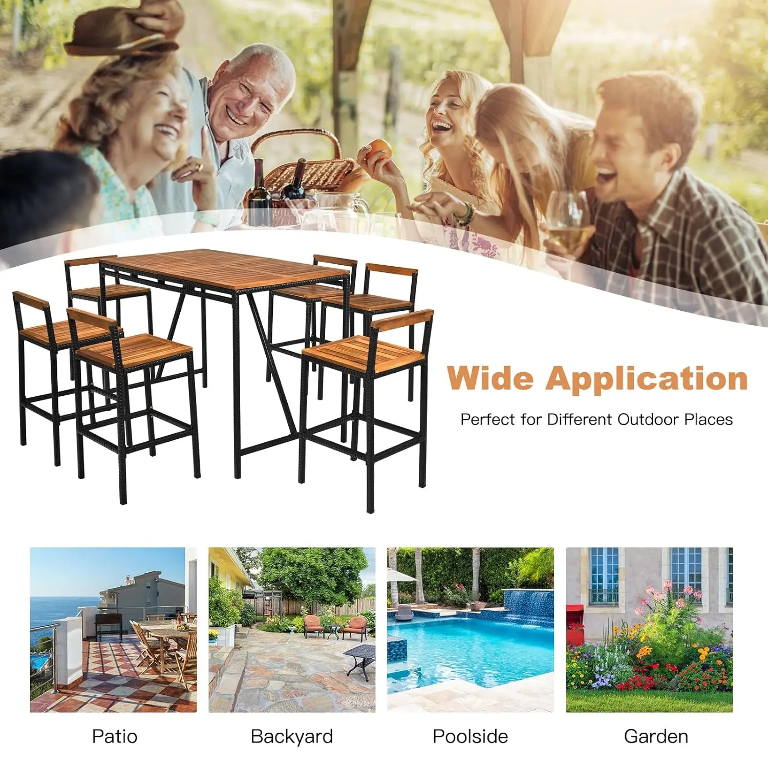 7-Piece Patio Bar Table Set with Umbrella Hole – Acacia Wood & PE Wicker High-Dining Bistro Set