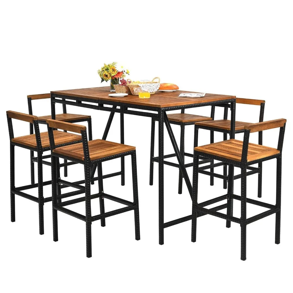 7-Piece Patio Bar Table Set with Umbrella Hole – Acacia Wood & PE Wicker High-Dining Bistro Set