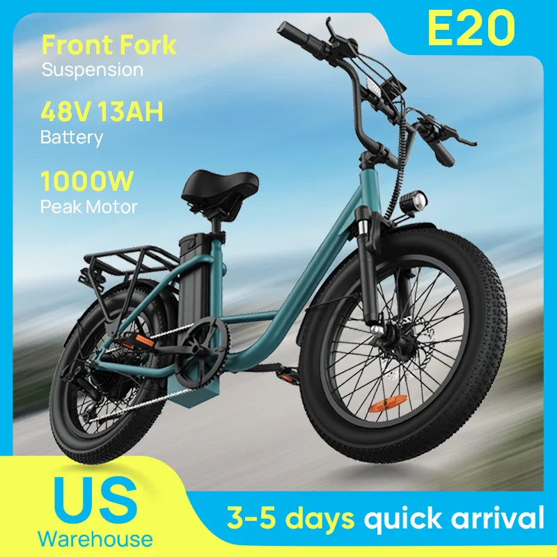 URLIFE 1000W E20 Electric Bike | 48V 13Ah Removable Battery, 28MPH, 20"x3" Fat Tire, 7-Speed E-Bike with Dual Disc Brake
