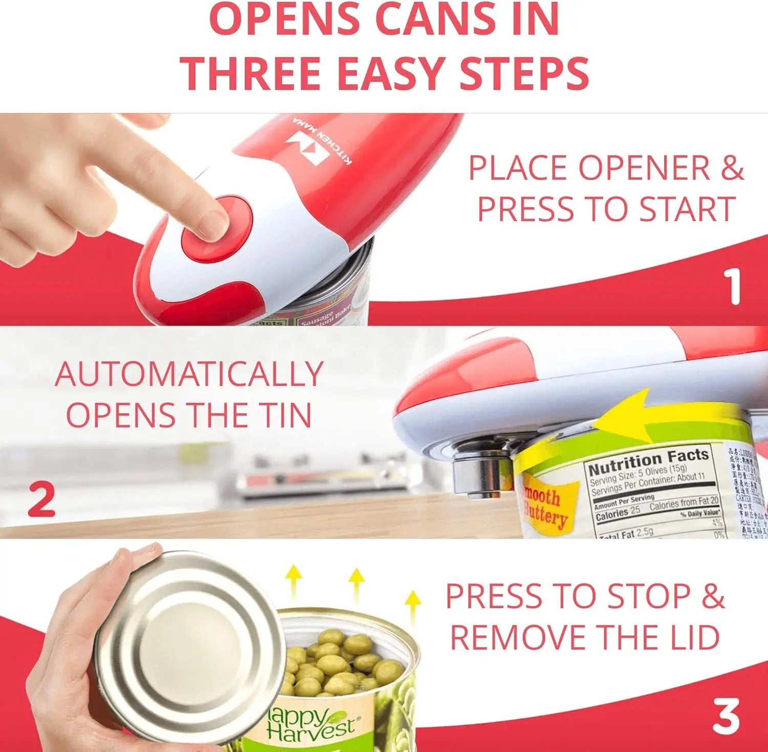 Electric Can Opener – Automatic, Hands-Free, Smooth Edge (Red)