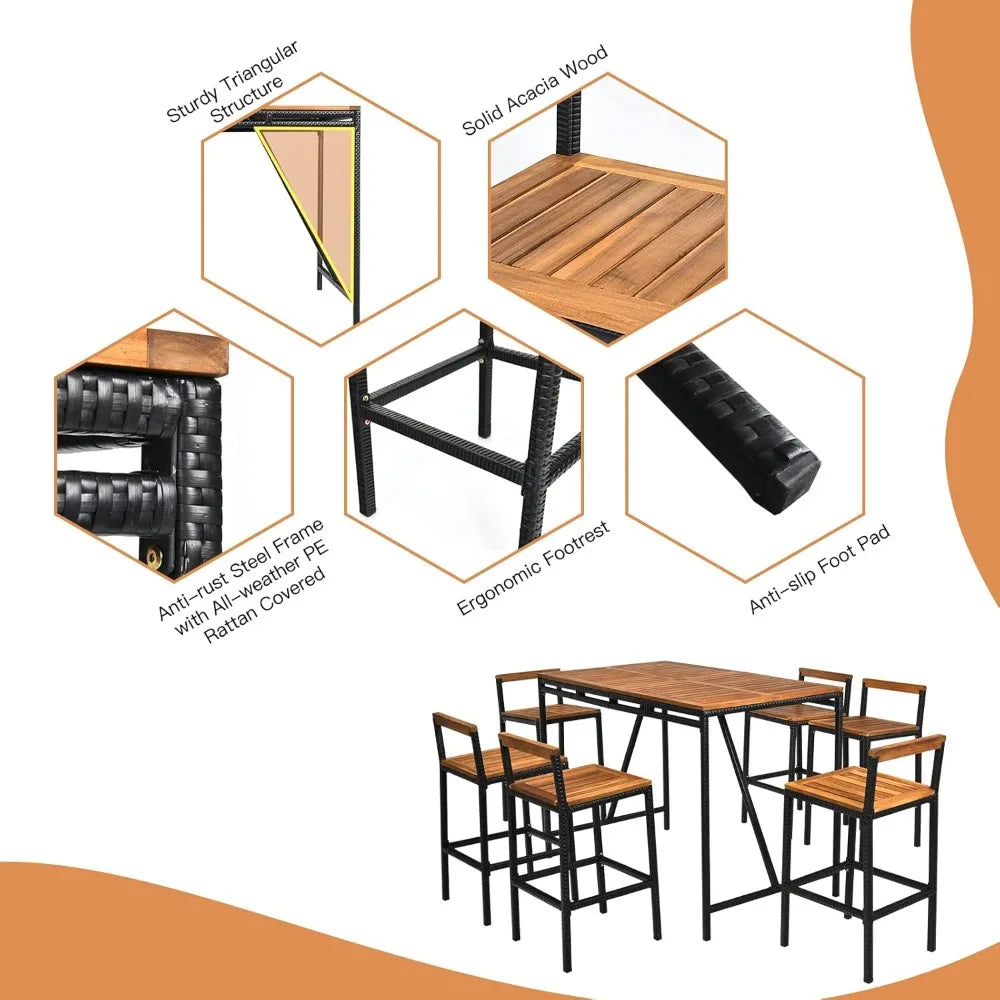 7-Piece Patio Bar Table Set with Umbrella Hole – Acacia Wood & PE Wicker High-Dining Bistro Set