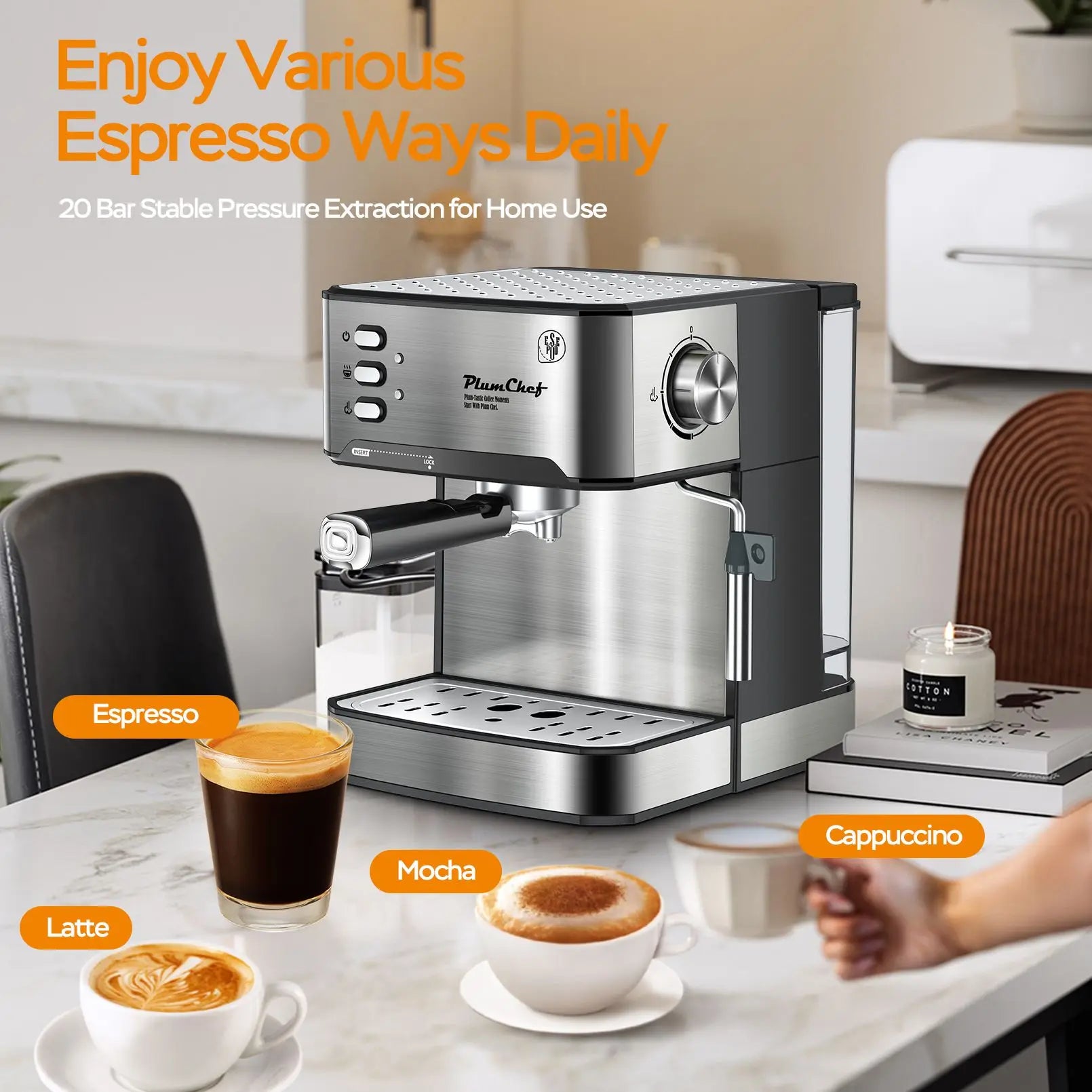 20-Bar Espresso Machine with Milk Frother & 54oz Water Tank