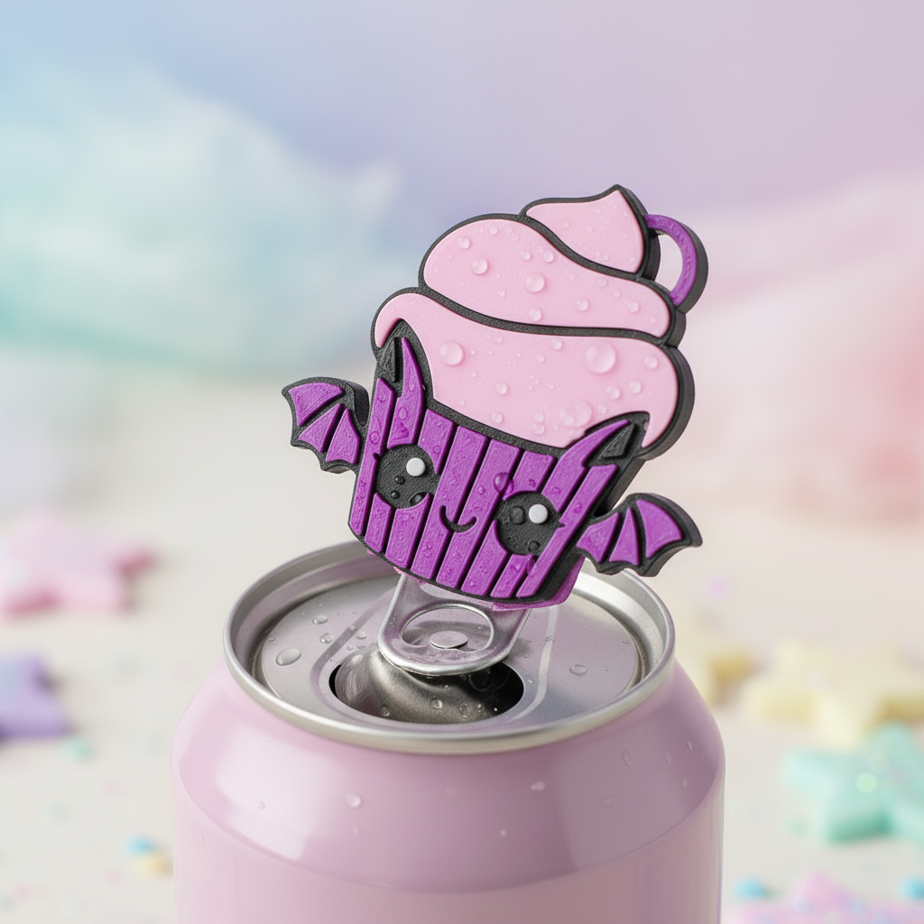 Close-up of kawaii bat cupcake tab opener with pastel aesthetic background